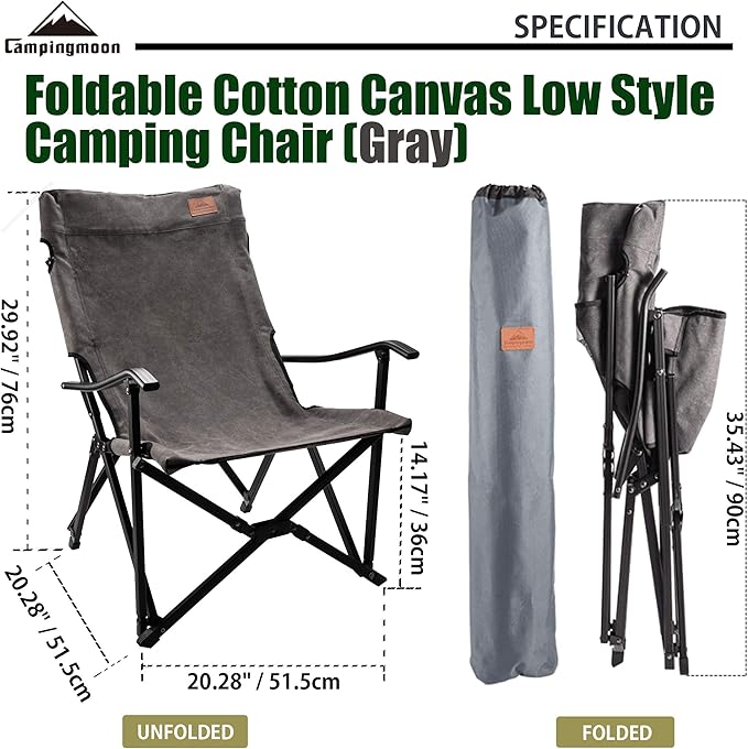 CAMPINGMOON Foldable Cotton Canvas Campfire Bonfire Open Fire Pits Camping Chair Low Style Chair Gray F-1003C-H