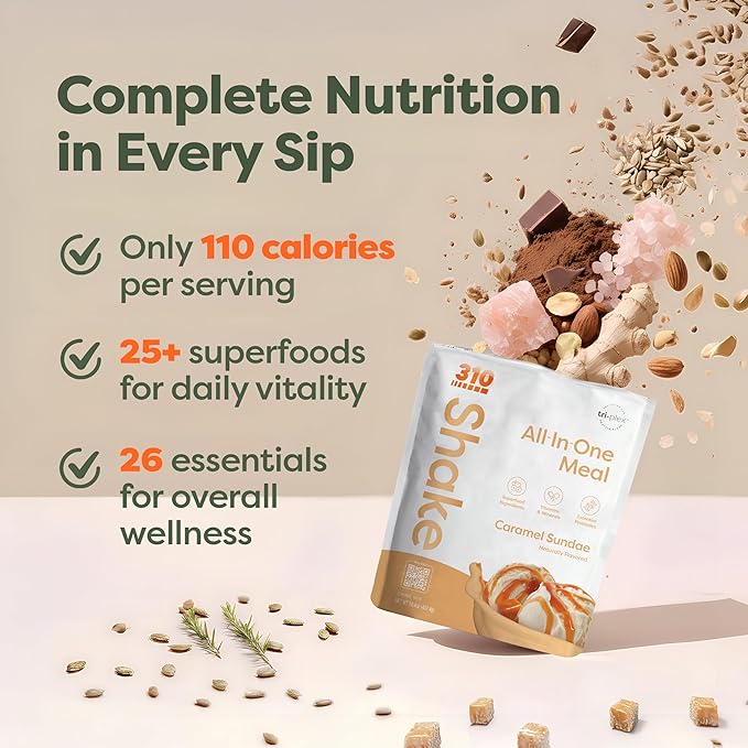 310 Nutrition All-In-One Meal Replacement Shake Powder - Plant-Based Protein Smoothie Blend w/High Fiber, Probiotics & Adaptogens - Low Carb, Vegan, Keto & Paleo Friendly - Caramel Sundae - 14 Srv