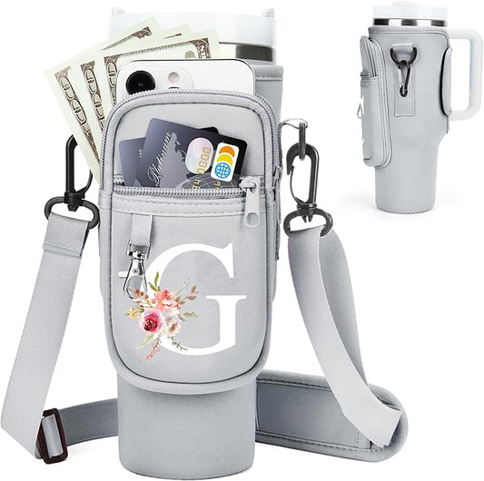 Initial Water Bottle Holder with Strap for Stanley 40 oz Tumbler/Simple Modern 40 oz Tumbler,Water Bottle Carrier Bag with Strap,Personalized A-Z Phone Pocket for Stanley Cup Accessories