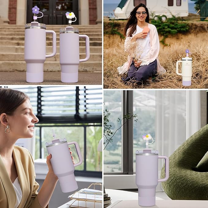 Stanley Cup Accessories Set Including 6 Pcs Silicone Spill Proof Stopper, 2 Pcs Straw Cover Cap for 9-10 mm Straws, 1 Pcs Purple Silicone Boot for Stanley Cup 40oz & 30oz Tumbler (ORCHID)