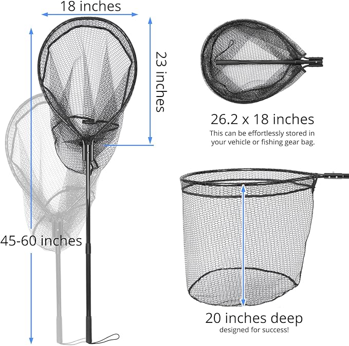 High Strength Large Landing Net - Fishing Net with Long Telescoping Handle and Soft Rubber Netting, Dip Net for Fishing, Ideal for Boat, Pier, River Angling