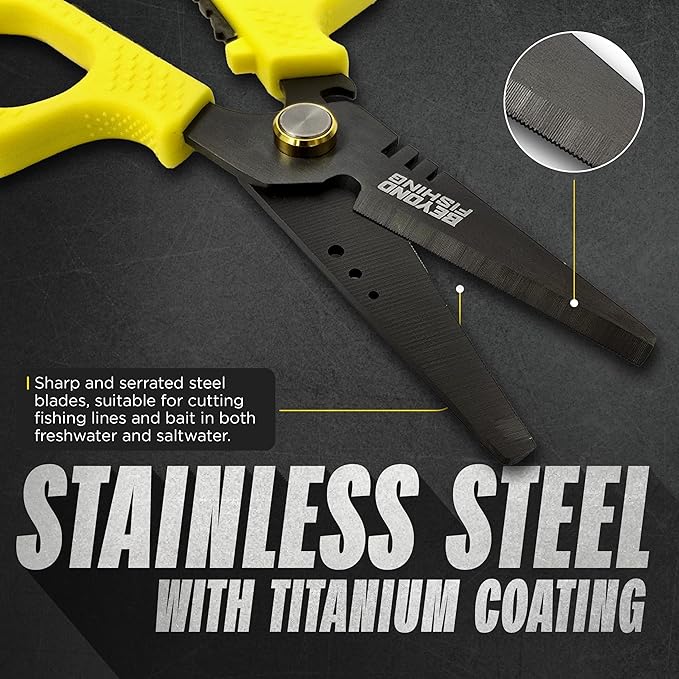 Beyond Fishing 6.5" Pro Fishing Shears Dual Serrated Blades, Fishing Braided Line Scissors with Titanium Coating, Non-Slip Grip & Multifunction Tool, Includes Hard Molded Locking Sheath