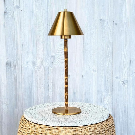 Bamboo Cordless LED Table Lamp – Rechargeable 24-Hour Battery, Dimmable Warm Light, 15" Portable Wireless Lamp with Remote for Indoor/Outdoor Use, Home, Patio, Restaurant – Polished Gold