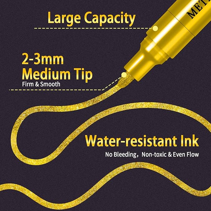 Betem Super Golden Metallic Paint Markers, 12 Colors Metallic Paint Pen Scrapbook Supplies, 2-3mm Medium Tips Glitter Markers for Black Paper, Rock Painting, Ceramic, Wood, Christmas Gifts DIY Crafts