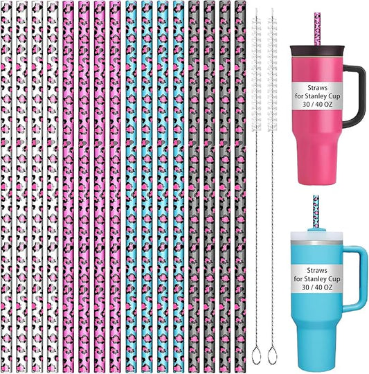 Replacement Leopard Thick Straws for Stanley|Owala|Simple Modern 40oz 30oz Tumbler-16 PCS | Reusable Plastic Cheetah Animal Drinking Straws for Stanley Adventure Quencher Travel Tumbler
