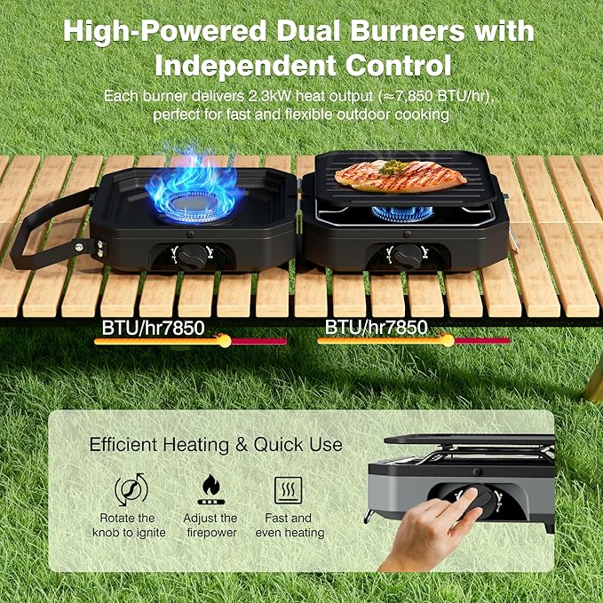 Camping Stove Portable Propane Camp Stove with Independently Adjustable Heat & Carry Bag, Foldable Gas Stove with 2 Burners for Outdoor Cooking,Tailgating & Backyard Gathering,BBQ (Black)