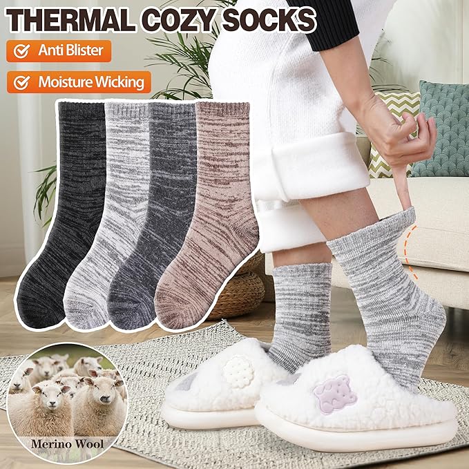 EBMORE Merino Wool Thermal Warm Socks Thick Winter Hiking Cozy Crew Comfy Cushioning Socks 4 Pairs for Women Men