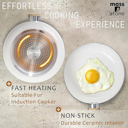 Moss & Stone 6 Pcs White Nonstick Cookware Set, Pots And Pans Set Non stick With Glass Lid, Induction Cookware, Stay-Cool Handle PTFE/PFOA Kitchen Pots 6-Piece with Frying Pans & Saucepan