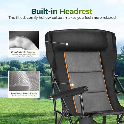 ALPHA CAMP Oversized Folding Camping Chairs for Adults High Backrest Heavy Duty Lawn Chairs Support 500 LBS Portable Camp Chairs with Cup Holders Large Side Pocket Outdoor Chair