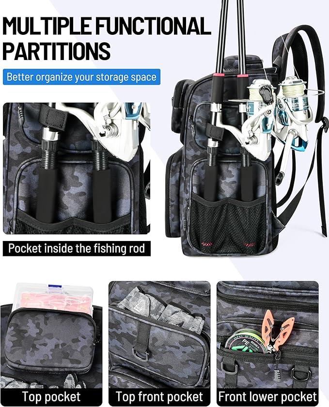 HowFly Fishing Backpack with Rod & Beverage Holders, Lightweight Fishing Tackle Bag Storage, Mens Waterproof Tactical Backpack for Fishing Gear