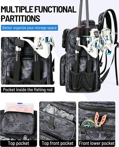 HowFly Fishing Backpack with Rod & Beverage Holders, Lightweight Fishing Tackle Bag Storage, Mens Waterproof Tactical Backpack for Fishing Gear