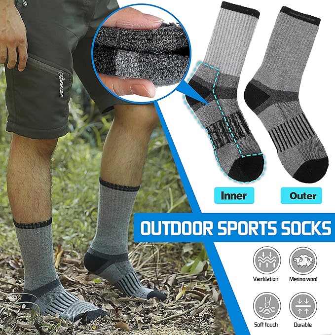 5 Pairs Merino Wool Hiking Socks Warm Thermal Winter Cozy Cushioned Moisture Wicking Socks for Women & Men