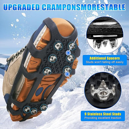 Crampons Ice Cleats for Shoes and Boots Snow Traction Cleats for Walking on Snow and Ice 9 Point Cleats Non-Slip Grippers Overshoe Silicone Stretch Footwear for Winter Hiking Climbing Ice Fishing