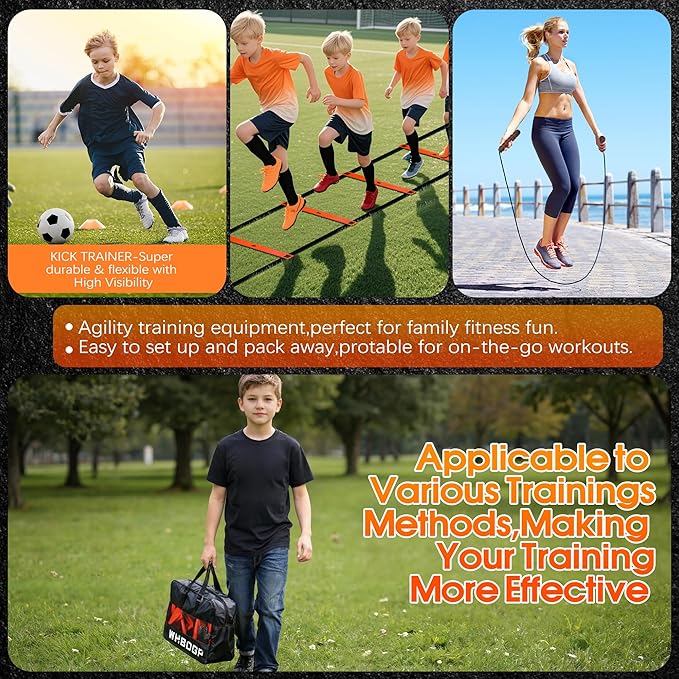 Agility Ladder Speed Training Equipment Set-20ft Agility Ladder,12 Soccer Cones,4 Hurdles,Jump Rope,Running Resistance,Soccer Football Training Equipment with Carrying Bag for Kids Adults
