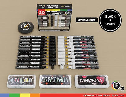 TOOLI-ART Black And White Acrylic Paint Markers Paint Pens Set For Rock Painting, Canvas, Mugs, Metal, Glass Paint, Fabric, Wood, DIY. Non Toxic, Quick Dry,Waterbas (MEDIUM)