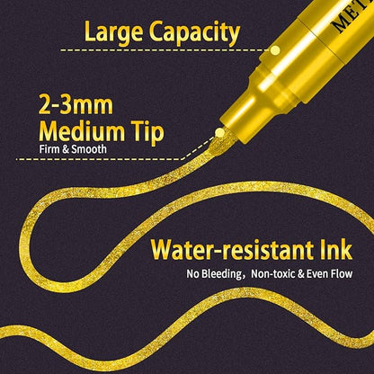 Betem Super Golden Metallic Paint Markers, 18 Colors Metallic Paint Pen Scrapbook Supplies, 2-3mm Medium Tips Glitter Markers for Black Paper, Albums, Rock Painting, Cards, Ceramic, Wood, DIY Crafts