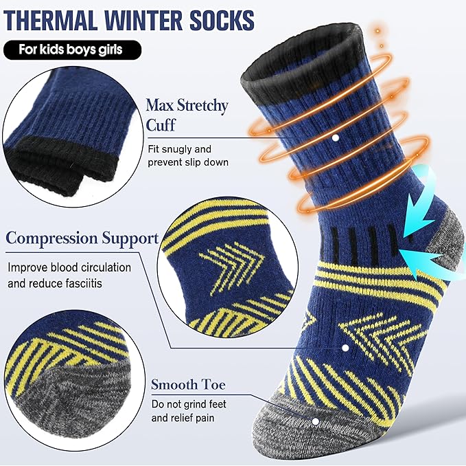 EBMORE Kids Merino Wool Hiking Socks Thermal Winter Warm Thick Boys Toddlers Girls Cushion Crew Socks 6 Pairs