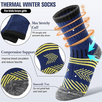 EBMORE Kids Merino Wool Hiking Socks Thermal Winter Warm Thick Boys Toddlers Girls Cushion Crew Socks 6 Pairs