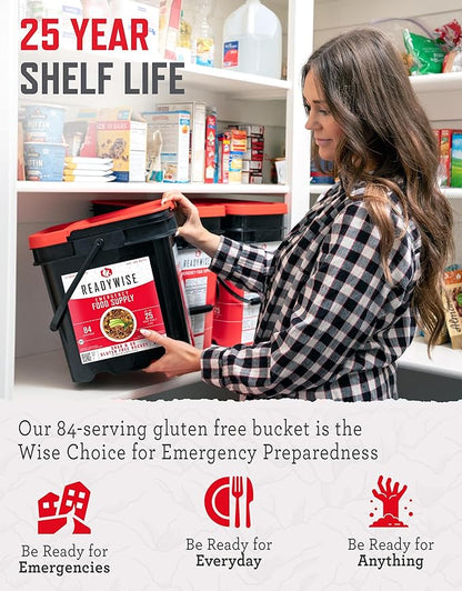 ReadyWise Emergency Food Supply - 84 Servings Gluten Free Survival Food Bucket, Dehydrated Meals & Freeze Dried Food for Backpacking, Camping Essentials & Emergency Supplies, up to 25 Year Shelf Life
