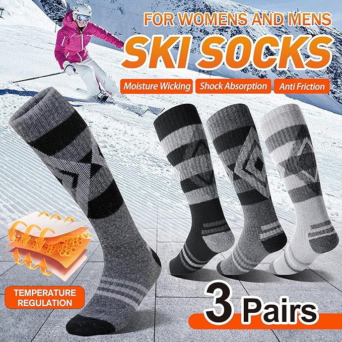 3 Pairs Merino Wool Ski Socks for Womens Mens Thermal Winter Warm Thick Knee High Socks for Skiing Snowboarding