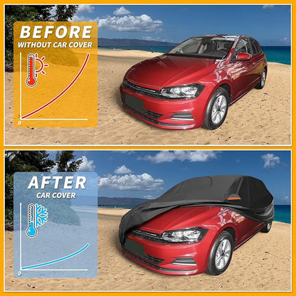 Waterproof All-Weather Universal Car Cover with Right Side Zipper, 210T-PU Black Fits for Hatchback Up to 163" Length