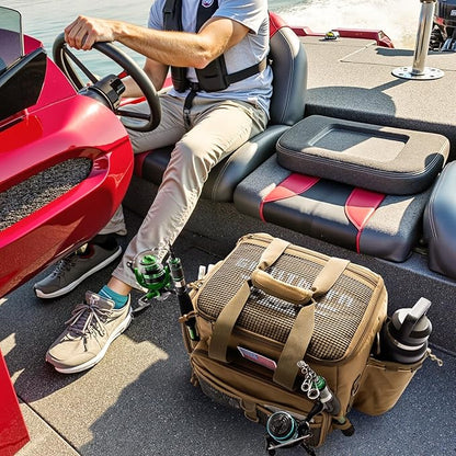 Ghosthorn Fishing Tackle Bag with Rod Holder Saltwater & Freshwater Resistant Large Tackle Box Bag - Adjustable Padded Shoulder Strap (Khaki)