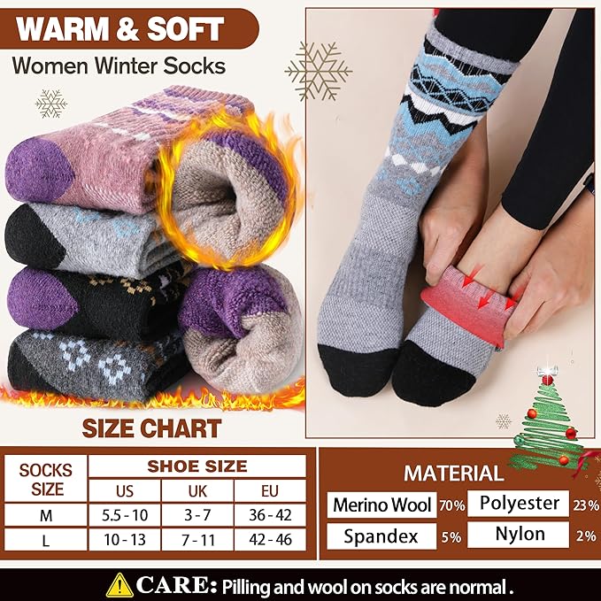 EBMORE Womens Merino Wool Hiking Socks Thermal Warm Winter Crew Cushion Work Boot Outdoor Socks 5 Pairs