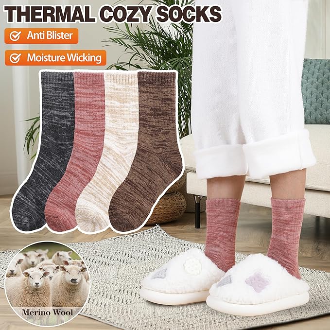 EBMORE Merino Wool Thermal Warm Socks Thick Winter Hiking Cozy Crew Comfy Cushioning Socks 4 Pairs for Women Men