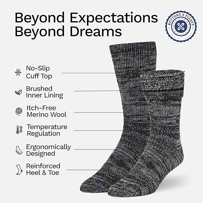 Buttons & Pleats Wool Socks for Men & Women Merino Thermal Warm Cozy Winter Boot Sock