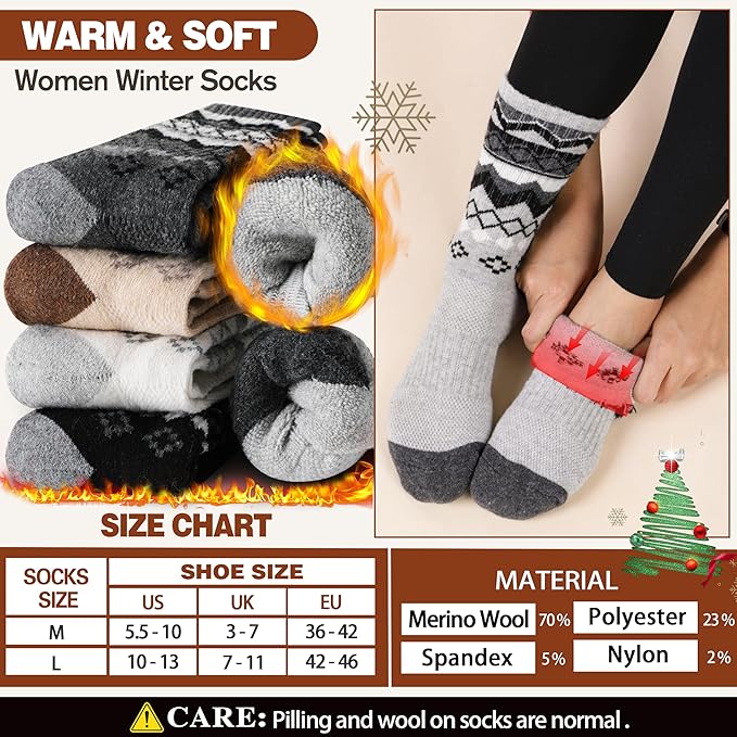 EBMORE Womens Merino Wool Hiking Socks Thermal Warm Winter Crew Cushion Work Boot Outdoor Socks 5 Pairs