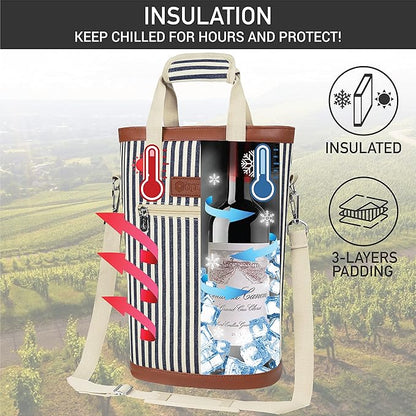 opux Two Bottle Wine Bag Carrier Tote, Insulated Leakproof 2 Bottle Wine Cooler Bag for Travel BYOB Picnic, Portable Wine Case, Gift for Men Women Wine Lover Birthday Party Christmas, Navy Stripes
