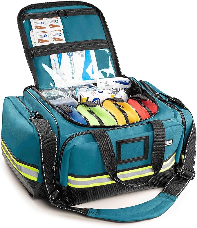 Scherber Fully-Stocked First Responder Bag | Large Professional EMT/EMS Trauma & Bleeding Kit | HSA/FSA Approved | CAT Tourniquet, HyFin Chest Seal, Israeli Bandage & 250+ First Aid Supplies (Blue)