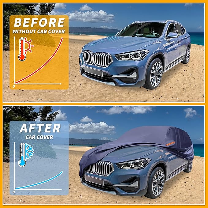 Universal Car Cover Waterproof All Weather 190T-PU, UV Sun Rain Protection, Fits for SUV Length Up to 181", with Left Side Zipper, Navy Blue