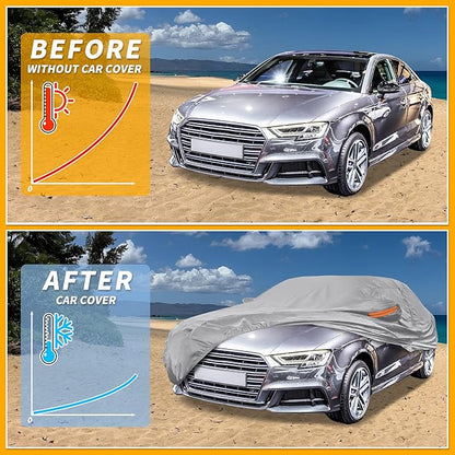 Universal Car Cover Waterproof All Weather 190T-PU, UV Sun Rain Protection, Fits for Sedan Length 178"-186", with Left Side Zipper, Silver Tone