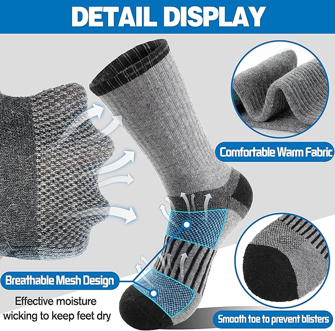 5 Pairs Merino Wool Hiking Socks Warm Thermal Winter Cozy Cushioned Moisture Wicking Socks for Women & Men