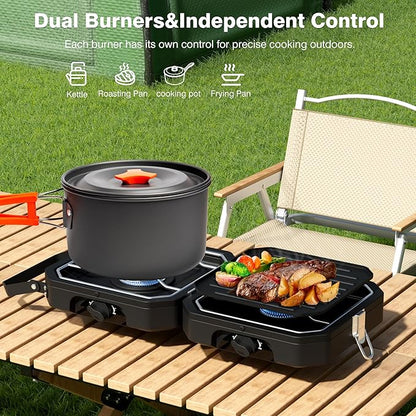 Camping Stove Portable Propane Camp Stove with 3 Pot Set, 2 Burners Foldable Gas Stove with Independently Adjustable Heat,Camping Stove Propane for Outdoor Cooking,Tailgating & Backyard Gathering,BBQ