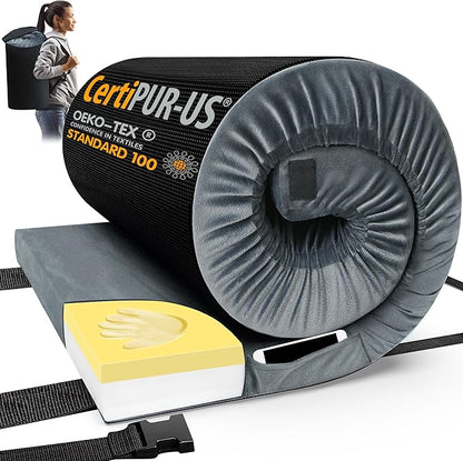 CYMULA Memory Foam Camping Mattress Pad, CertiPUR-US Sleeping Mat, Portable Roll Up Mattress for Adults, Camping Bed Pads for Sleepover, Car Bed with Travel Bag