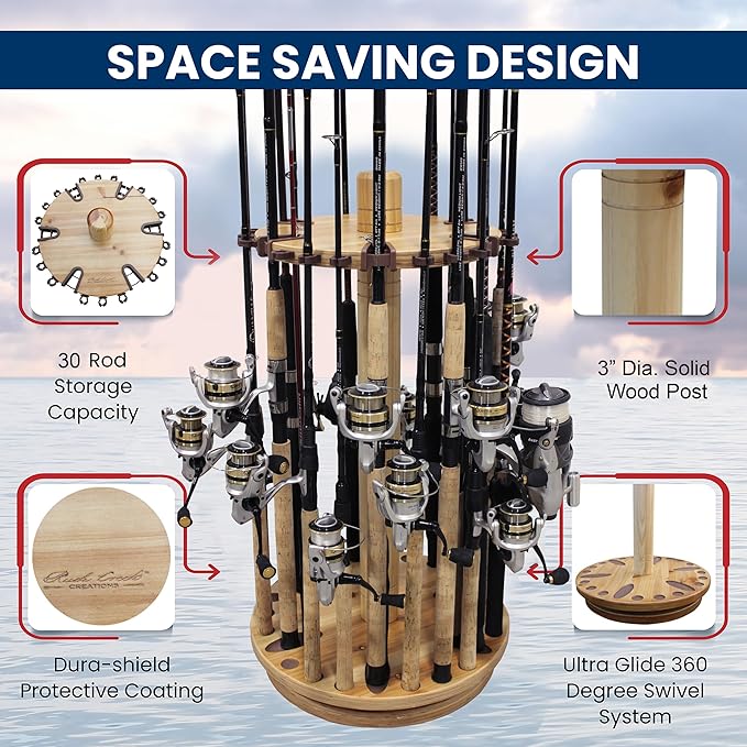 Rush Creek Creations Fishing Rod Holder - 360 Spinning Rack for Garage Organization and Storage, Pole Holder for Reels, Gear, Accessories, Tackle Box