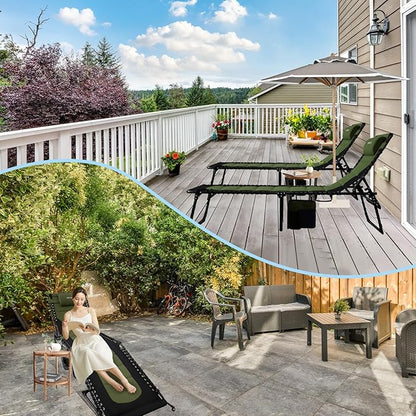 Outdoor Folding Lounge Chair Padded for Adults 264Ibs Patio Chaise Lounge Chair for Outside Adjustable 5-Position Reclining Beach Chair with Pillow Pocket