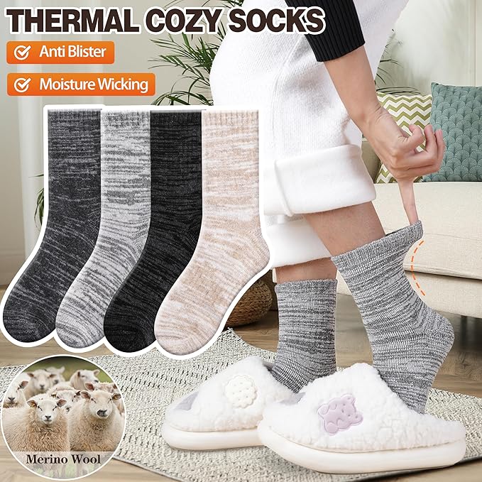 EBMORE Merino Wool Thermal Warm Socks Thick Winter Hiking Cozy Crew Comfy Cushioning Socks 4 Pairs for Women Men