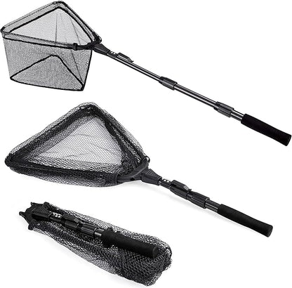PLUSINNO Fishing Net Fish Landing Net, Foldable Collapsible Telescopic Pole Handle, Durable Nylon Material Mesh, Safe Fish Catching or Releasing