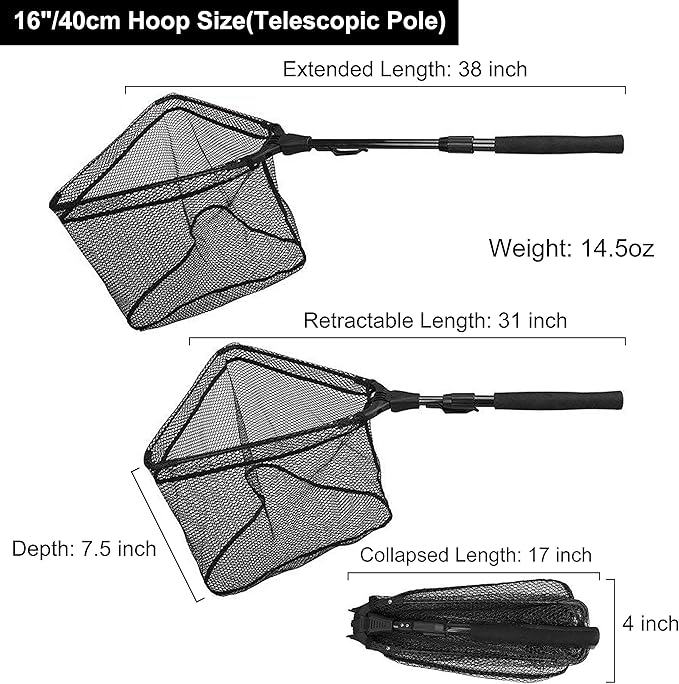 PLUSINNO Fishing Net Fish Landing Net, Foldable Collapsible Telescopic Pole Handle, Durable Nylon Material Mesh, Safe Fish Catching or Releasing