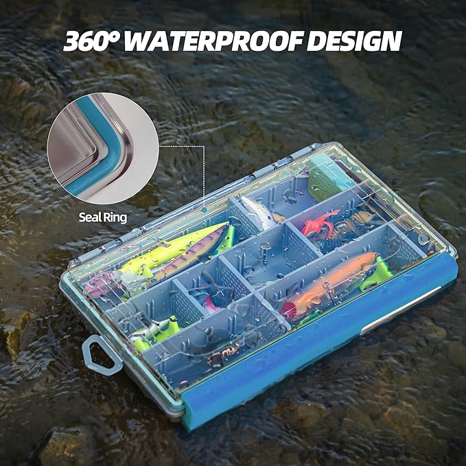 RUNCL Fishing Tackle Box - 360° Waterproof Tackle Trays, 3700 Fishing Tackle Box Organizer with Adjustable Dividers for Jigs Lures, Blue, 2 Pack