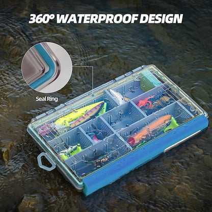RUNCL Fishing Tackle Box - 360° Waterproof Tackle Trays, 3700 Fishing Tackle Box Organizer with Adjustable Dividers for Jigs Lures, Blue, 2 Pack