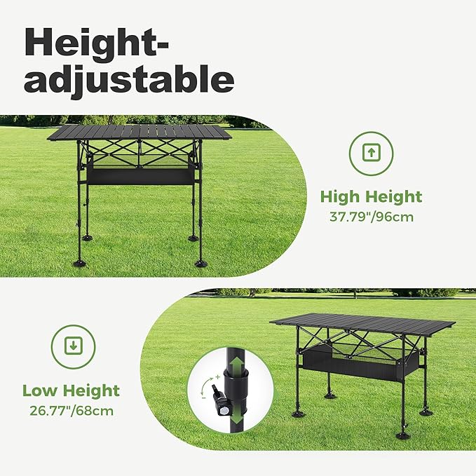 LET'S CAMP Folding Camping Table, Portable Aluminum Roll-up Picnic Backpacking Table with Adjustable Height, Large Storage and Carrying Bag for Picnic, Camping, BBQ, Party, Backyard, Beach