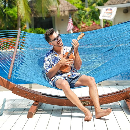 Lazy Daze Hammocks 10.5 FT Double 2 Person Caribbean Rope Hammock, Hand Woven Polyester Hammock with Spreader Bars, for Outside Outdoor Backyard Patio Poolside,450 LBS Capacity,SkyBlue