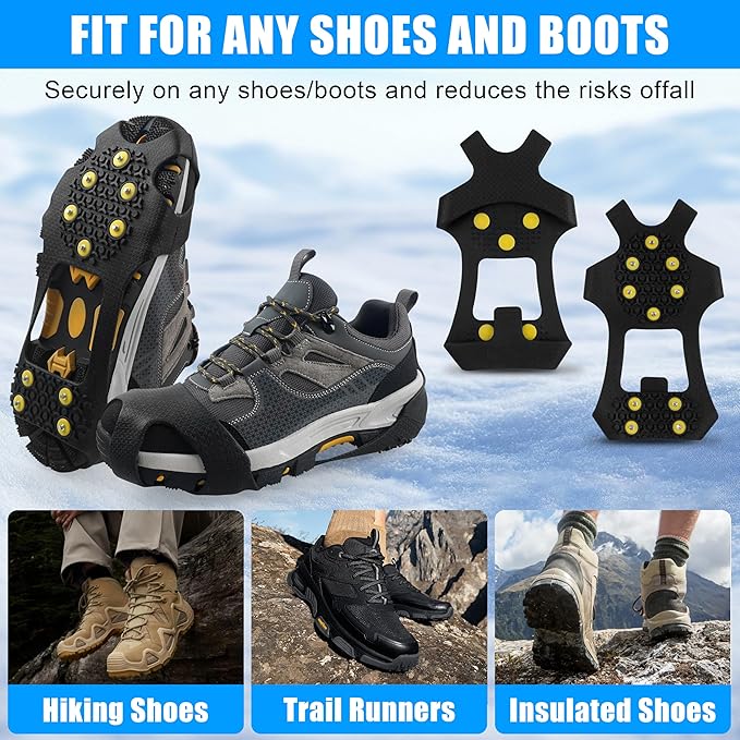 2 Pairs Ice Snow Grips Over Shoe Boots Traction Cleats Crampons for Walking on Ice&Snow Anti Slip Cleat Fasten Quickly Easily Over Footwear