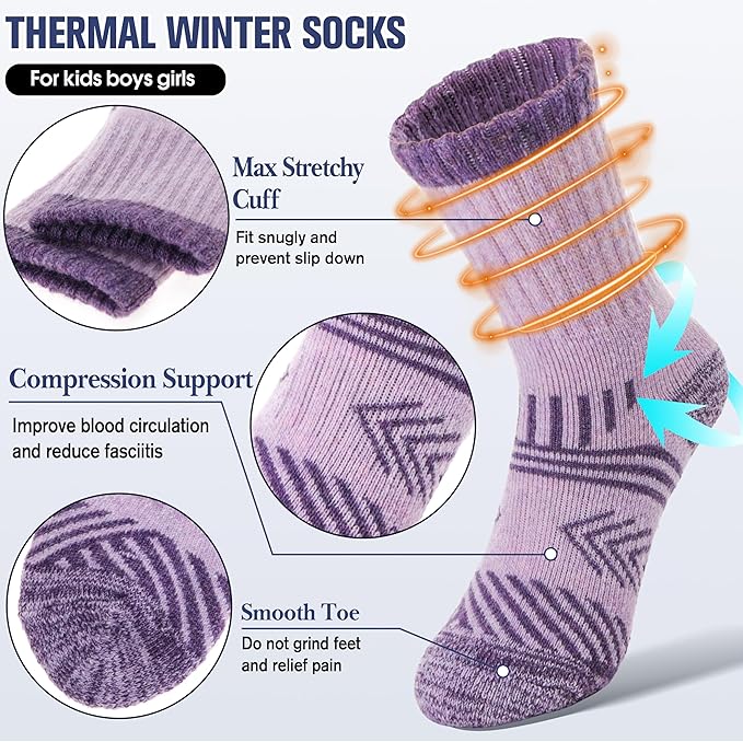 EBMORE Kids Merino Wool Hiking Socks Thermal Winter Warm Thick Boys Toddlers Girls Cushion Crew Socks 6 Pairs