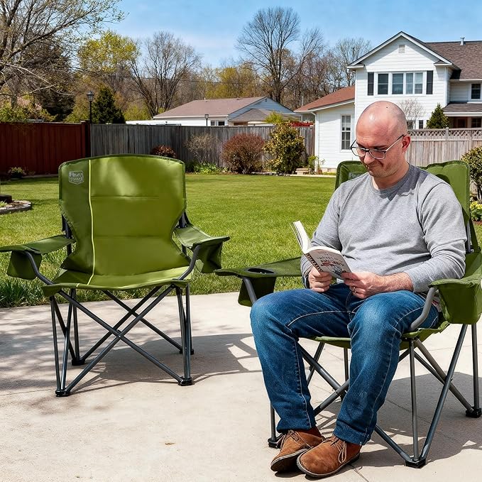 TIMBER RIDGE Oversized Folding Camping Chair for Adults, Support 550 LBS Heavy Duty with Cup Holder Side Pocket for Camp, Lawn, Picnic, Green, 2 Pack