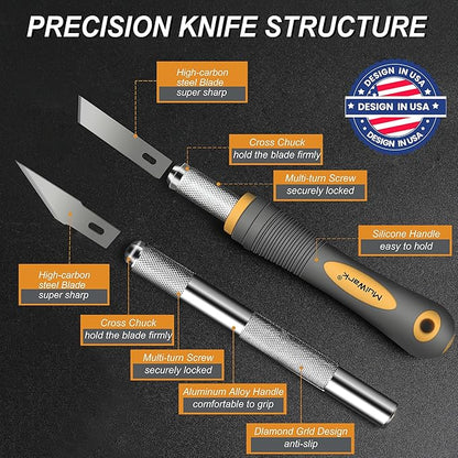 MulWark 136-Piece Precision Hobby Knife Set with Blade Storage Magnetic Handle - Portable Exacto Knife for Modeling & Crafting, Includes Chiseling, Stencil Edge & Fine Point Blades, 120#11 Blades